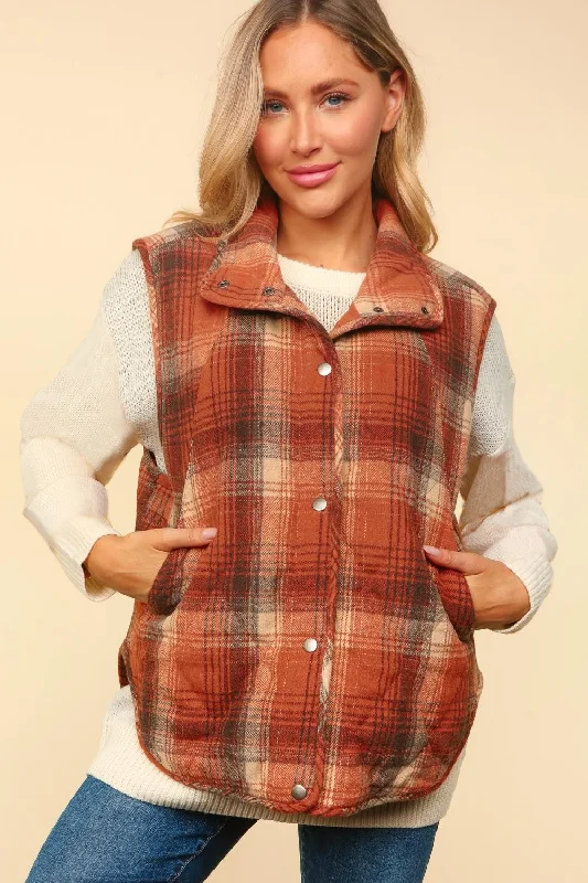 Plus High Neck Snap Button Plaid Puffer Vest Quilted Hooded Vest