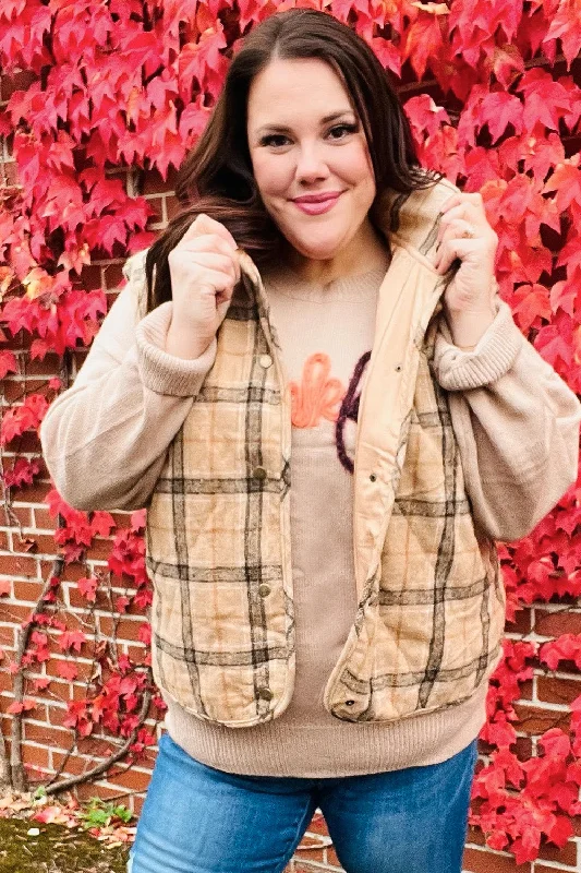 Layer Up Taupe Plaid Snap Button Quilted Puffer Vest (Open Pack) Embellished Evening Vest