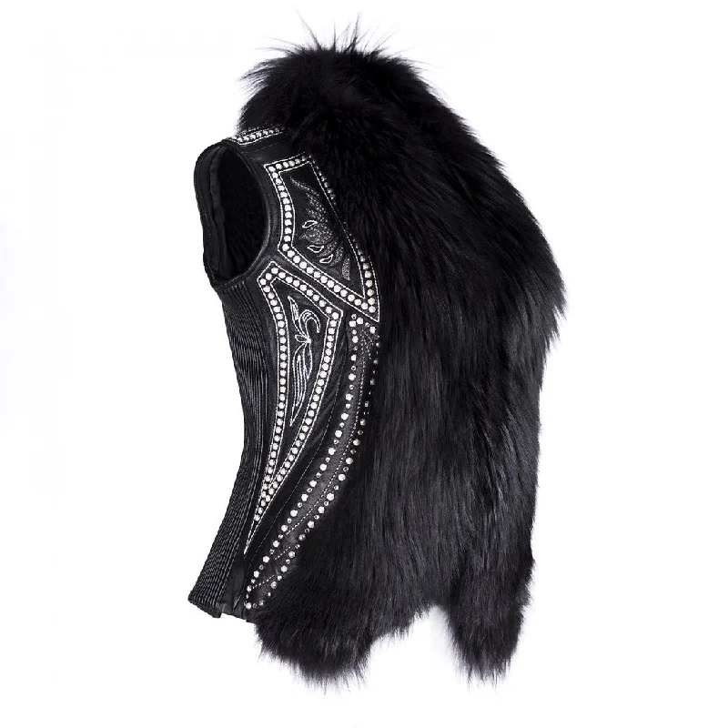 VSCEEPZ - Cuadra casual leather vest with fox fur and Swarovski pearls. Chic Faux Suede Vest