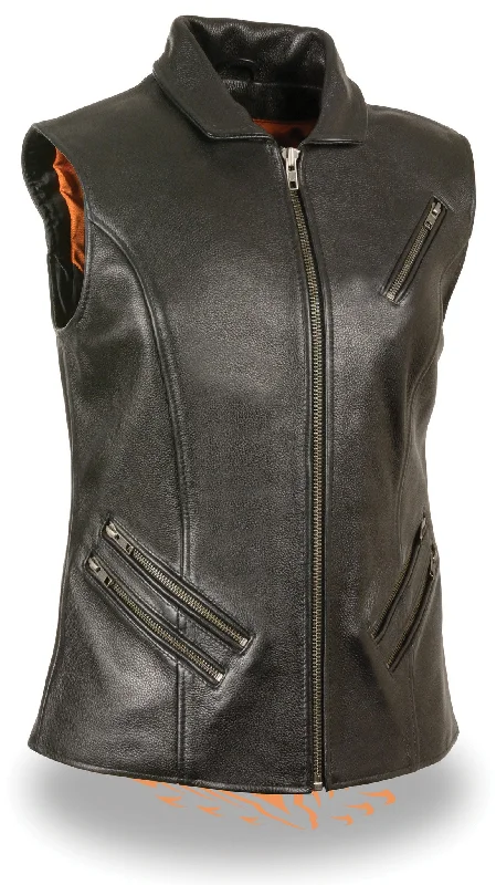 Women's Motorcycle Extra Long zipper leather vest w/2 Gun pockets Puffy Outdoor Vest Women's Motorcycle Extra Long zipper leather vest w/2 Gun pockets Puffy Outdoor Vest