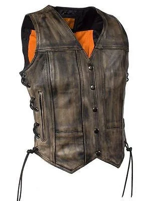 WOMEN'S MOTORCYCLE RIDERS DISTRESSED 8 POCKET LEATHER VEST WITH SIDE LACES Cropped Leather Vest WOMEN'S MOTORCYCLE RIDERS DISTRESSED 8 POCKET LEATHER VEST WITH SIDE LACES Cropped Leather Vest