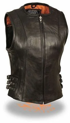 WOMEN'S MOTORCYCLE RIDING LEATHER VEST W/SIDE BUCKLES AND CENTER ZIPPER COW NEW Fur-Lined Vest Coat WOMEN'S MOTORCYCLE RIDING LEATHER VEST W/SIDE BUCKLES AND CENTER ZIPPER COW NEW Fur-Lined Vest Coat