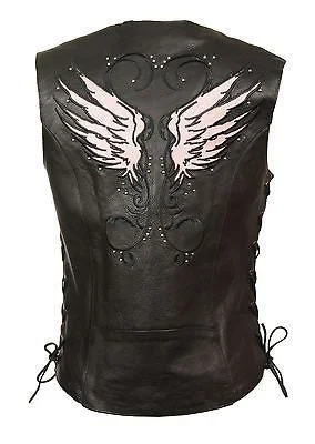 WOMEN'S MOTORCYCLE RIDING PINK LEATHER VEST W/ STUD & WINGS DETAILING SIDE LACE Vintage-Inspired Vest WOMEN'S MOTORCYCLE RIDING PINK LEATHER VEST W/ STUD & WINGS DETAILING SIDE LACE Vintage-Inspired Vest