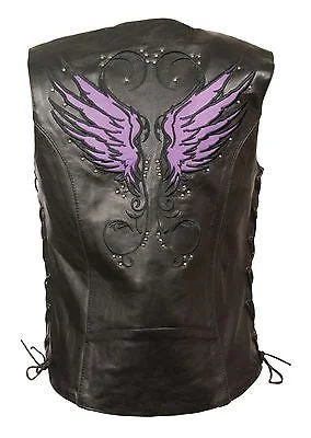 Women's purple leather vest with Studs wings back detailing w/gun pockets Distressed Denim Vest Women's purple leather vest with Studs wings back detailing w/gun pockets Distressed Denim Vest