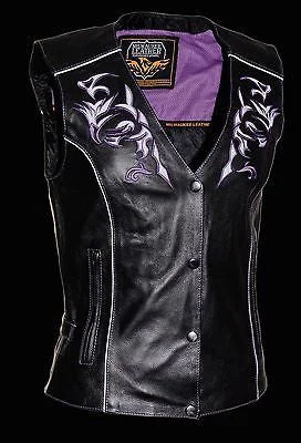 WOMEN'S MOTORCYCLE RIDING PURPLELEATHER VEST W/REFLECTIVE TRIBAL DESIGN & PIPING High-Fashion Vest Coat WOMEN'S MOTORCYCLE RIDING PURPLELEATHER VEST W/REFLECTIVE TRIBAL DESIGN & PIPING High-Fashion Vest Coat