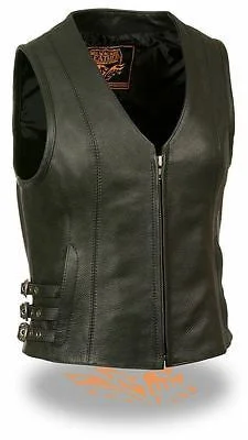 WOMEN'S MOTORCYCLE RIDING SWAT SEXY LEATHER VEST W/SIDE BUCKLES NEW Soft Drape Vest