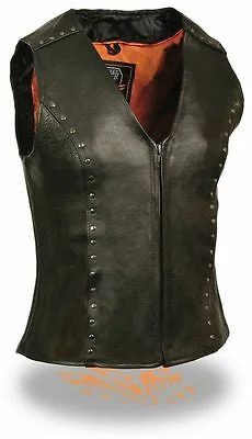 WOMEN'S MOTORCYCLE SEXY RIDING BLACK LEATHER VEST W/ STUDS AND CENTER ZIPPER Warm Hooded Vest WOMEN'S MOTORCYCLE SEXY RIDING BLACK LEATHER VEST W/ STUDS AND CENTER ZIPPER Warm Hooded Vest