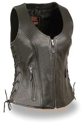 WOMEN'S MOTORCYCLRIDERS BUTTERSOFT BLK LEATHER VEST W/SIDE LACES W/2 GUN POCKETS Fleece-Lined Vest WOMEN'S MOTORCYCLRIDERS BUTTERSOFT BLK LEATHER VEST W/SIDE LACES W/2 GUN POCKETS Fleece-Lined Vest