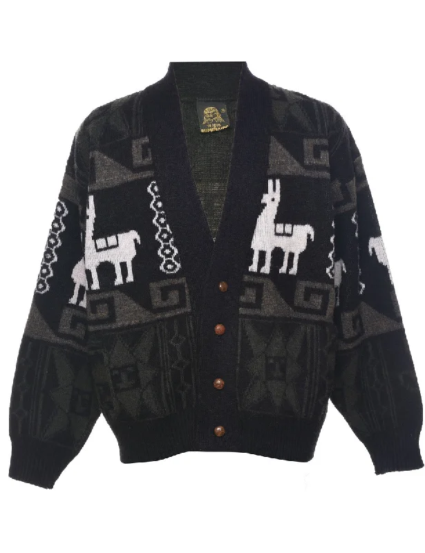 100% Wool Cowichan Cardigan - L Solid Print Embellished