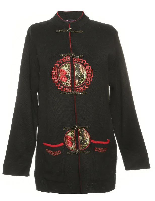 Black Embroidered Cardigan - M Lightweight Heavyweight Midweight