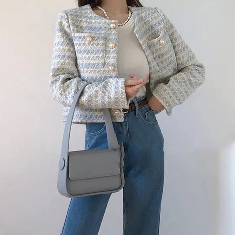 Elegant Tweed Cardigan Short Coat With Pocket Satin Blend Silk Blend Wool Blend