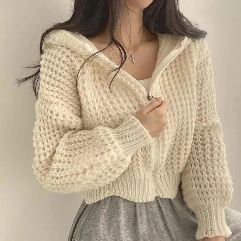 Hollow Out Cardigan Cropped Top Women Seamless Knitted Crochet