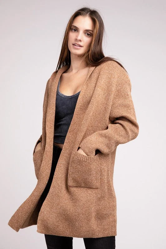 Hooded Open Front Sweater Cardigan Fleece Cardigan Nylon Polyester