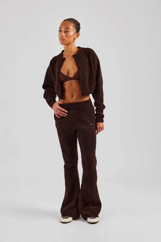 Knitted Cropped Cardigan & Flare Trouser - Chocolate Glossy Satin Silk