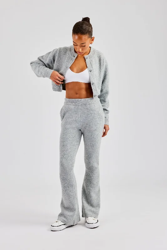 Knitted Cropped Cardigan & Flare Trouser - Grey Herringbone Houndstooth Plaid