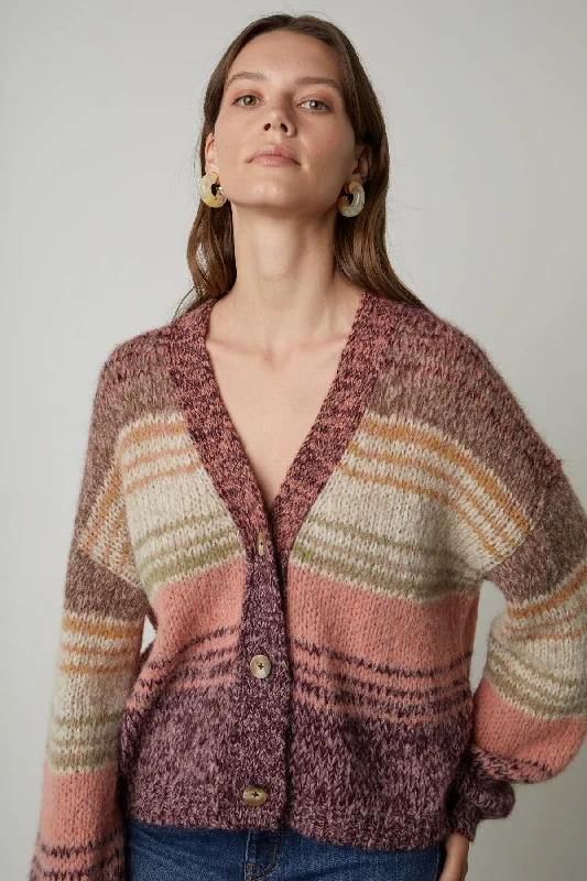 LARA STRIPED BUTTON FRONT CARDIGAN Real Fur Shearling Chenille