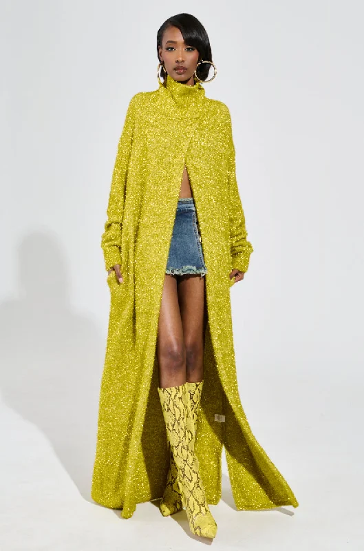 MOONLIGHT LONG TURTLENECK CARDIGAN IN GOLD Sequined Glittery Shiny