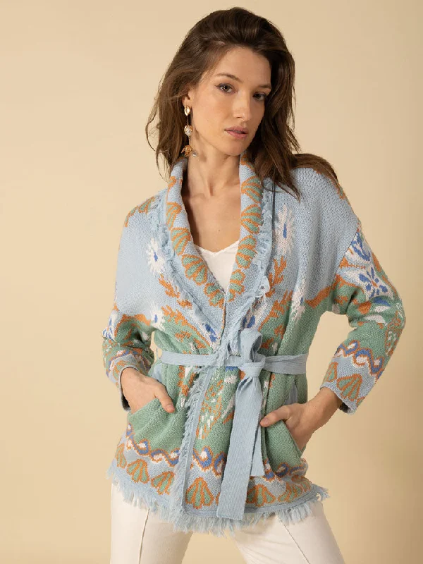 Hale Bob Irene Cardigan Turquoise Zippered Buttoned Snapped