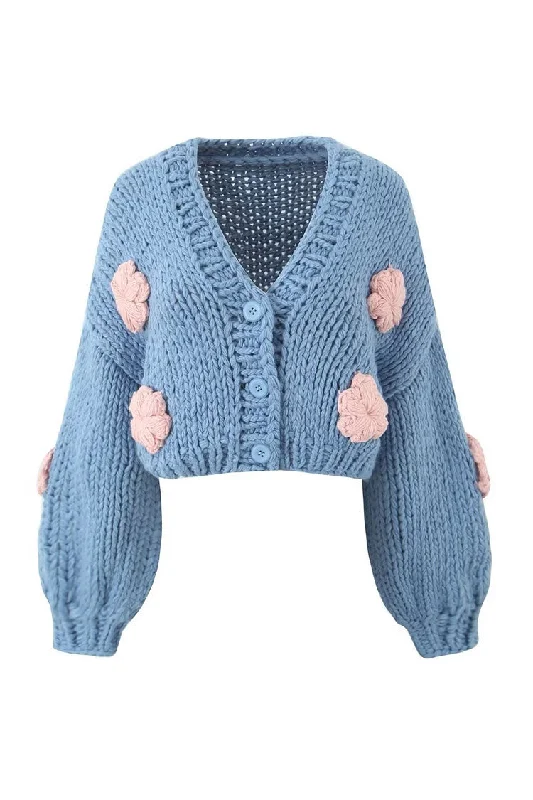 Oversized 3D Flower V Neck Button Up Chunky Yarn Croceht Knit Crop Cardigan Fitted Loose Oversized Oversized 3D Flower V Neck Button Up Chunky Yarn Croceht Knit Crop Cardigan Fitted Loose Oversized