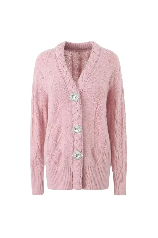 Sparkly Crystal Button Braided Cable Knit V Neck Heart Fisherman Cardigan Welt Pockets Slit Pockets Flap Pockets Sparkly Crystal Button Braided Cable Knit V Neck Heart Fisherman Cardigan Welt Pockets Slit Pockets Flap Pockets