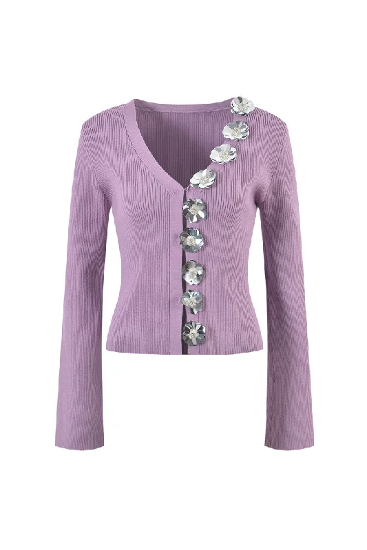 Sparkly Rosette V Neck Long Sleeve Cinched Waist Ribbed Knit Cardigan Knit Fabric Woven Fabric Fleece Fabric