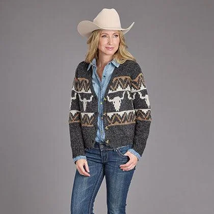 Stetson Women's Vintage Steer Head Cardigan in Charcoal Hooded Caped Shawl Collar
