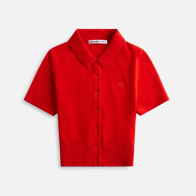 T by Alexander Wang Short Sleeve Polo Cardigan - Fiery Red Elasticated Padded Insulated T by Alexander Wang Short Sleeve Polo Cardigan - Fiery Red Elasticated Padded Insulated