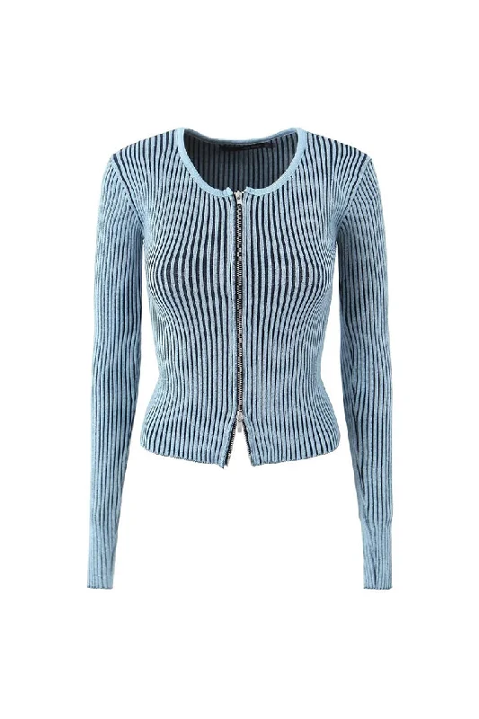 Vintage Contrast Two Way Zipper Long Sleeve Marl Knit Ribbed Crop Cardigan Wool Fabric Cashmere Fabric Tweed Fabric