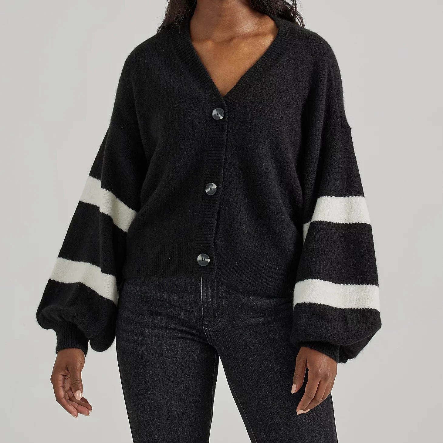Wrangler Retro Women's Logo Blouson Sleeve Cardigan in Black Collared Crew Neck Turtle Neck Wrangler Retro Women's Logo Blouson Sleeve Cardigan in Black Collared Crew Neck Turtle Neck