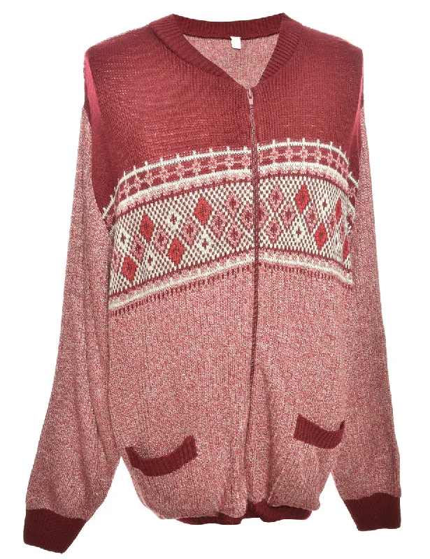 Zip Front Maroon Cardigan - L Elegant Classic Vintage