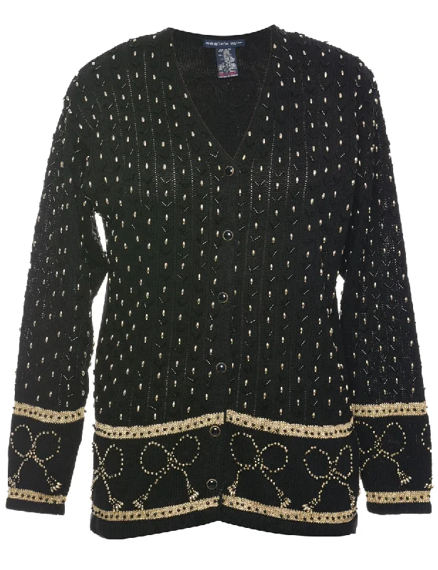 Black Cardigan - M Beaded Cardigan Sequined Faux Fur
