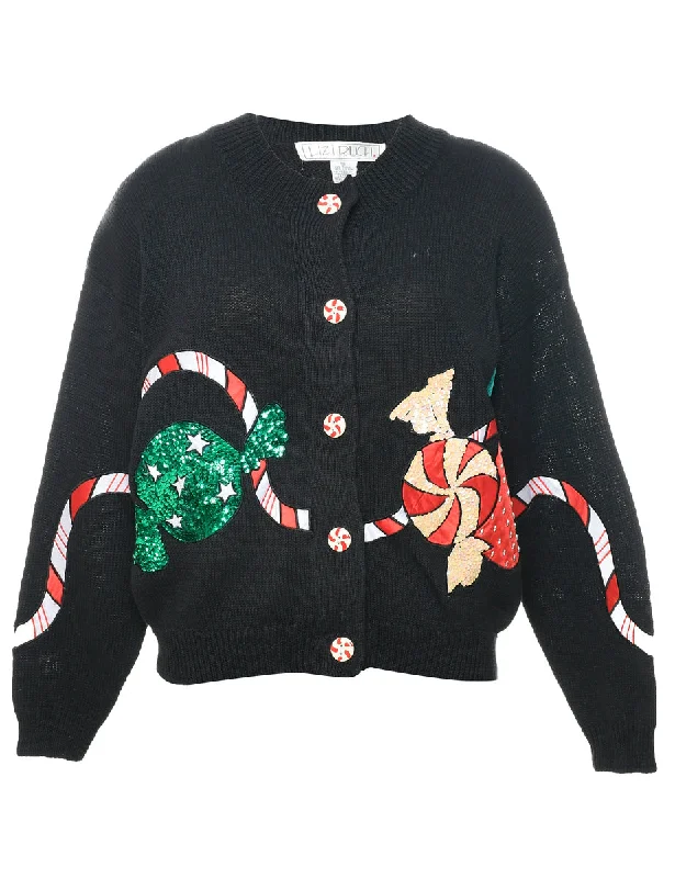 Black Christmas Cardigan - L Real Fur Shearling Chenille