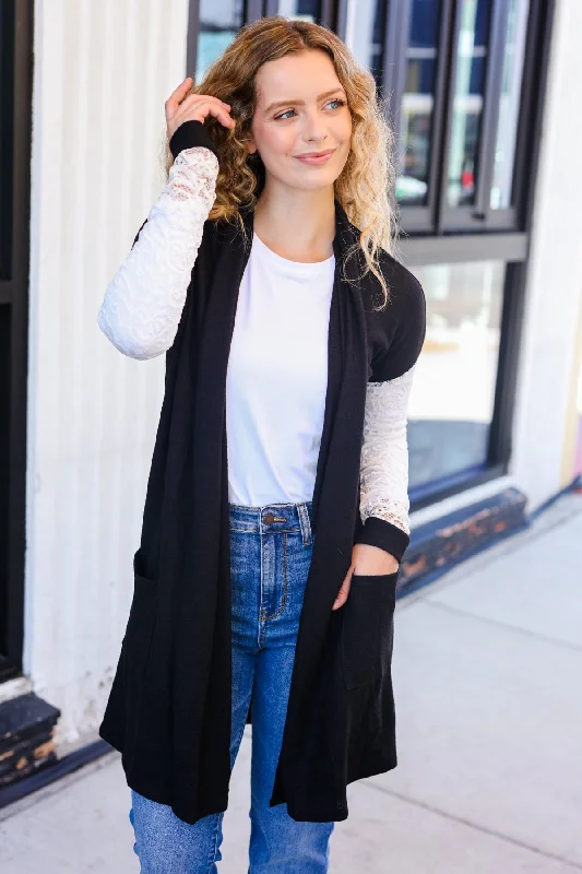 Black Lace Sleeve Pocketed Long Cardigan Boxy Cardigan Fitted Cardigan A-Line