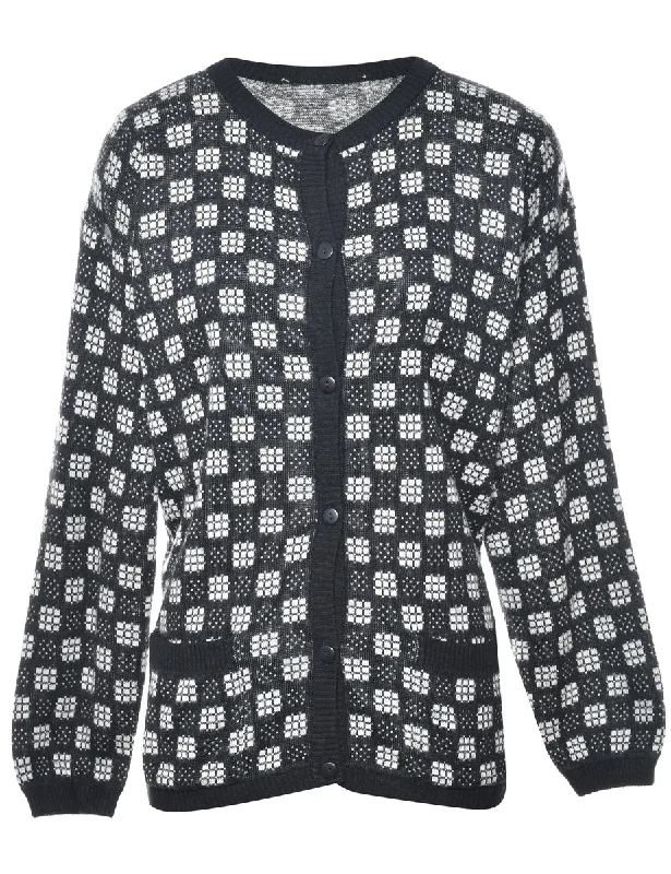 Checked Black Cardigan - L Zippered Buttoned Snapped