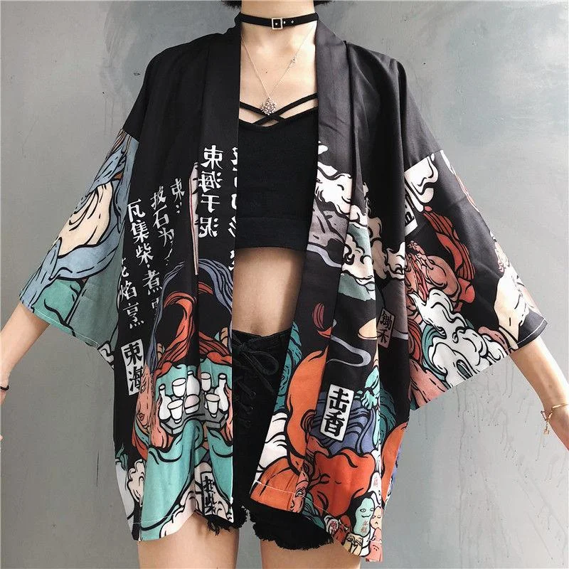 Comic Print  Cardigans Japanese Kimono Cardigan Woman Thin College Streetwear Sunscreen Clothes Kimono Coat Front Pockets Side Pockets Patch Pockets