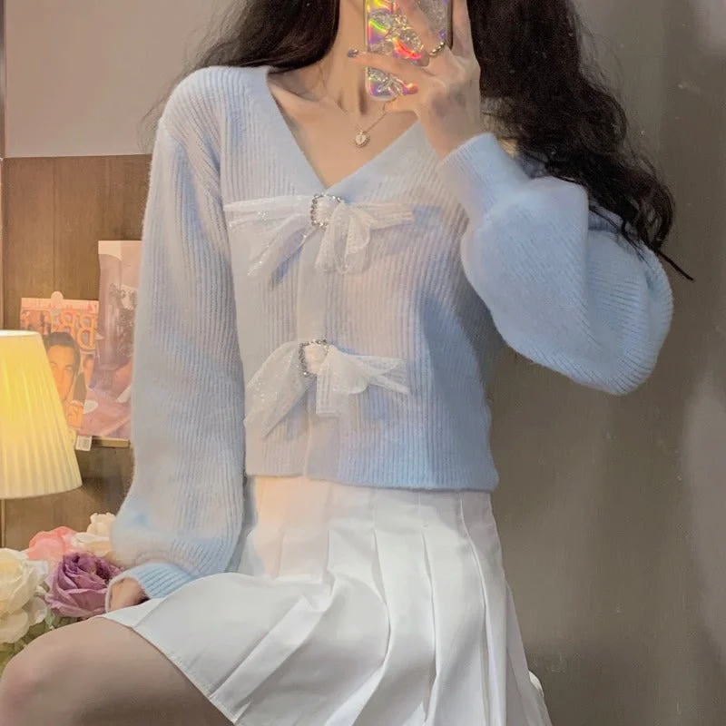 Cute bow knitted cardigan top yv31126 Houndstooth Herringbone Solid