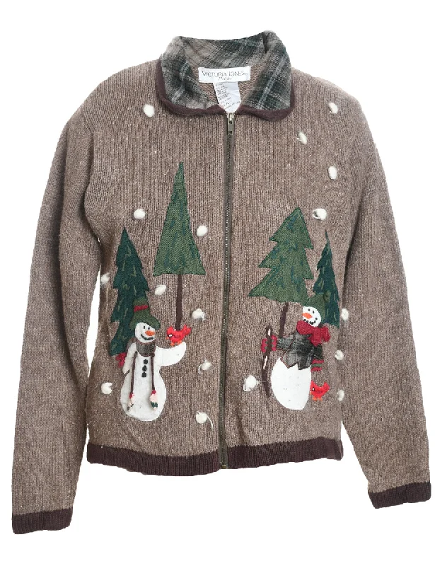 Light Brown Snowman Design Zip-Front Christmas Cardigan - L Button Cardigan Zip Cardigan Pullover Cardigan Light Brown Snowman Design Zip-Front Christmas Cardigan - L Button Cardigan Zip Cardigan Pullover Cardigan