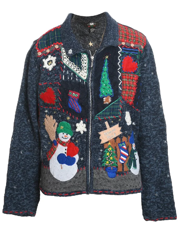 Navy Appliqued Zip-Front Christmas Cardigan - M Solid Color Striped Floral Print