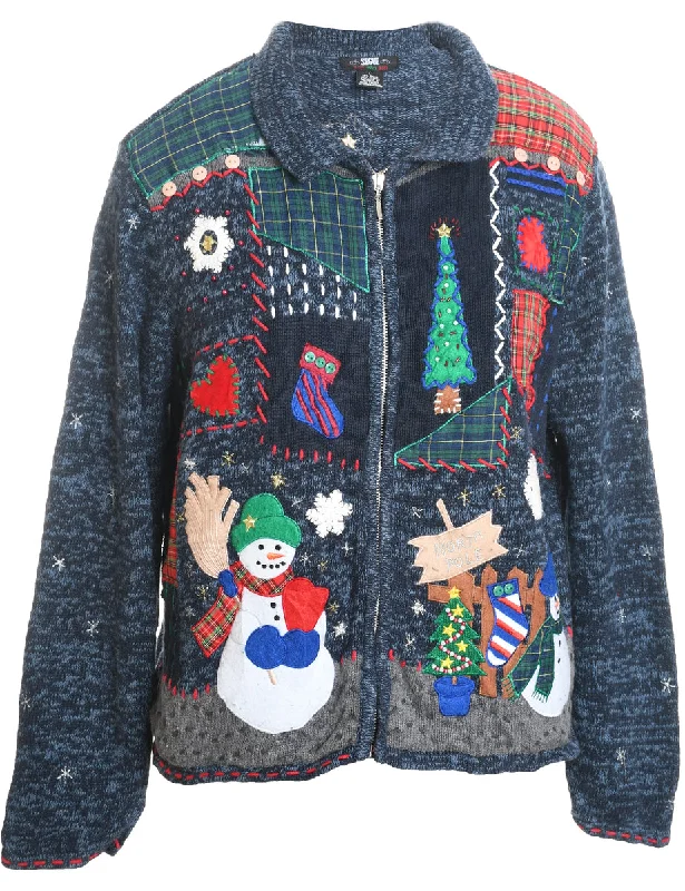 Navy Embroidered Christmas Cardigan. - L Mesh Blend Leather Blend Suede Blend