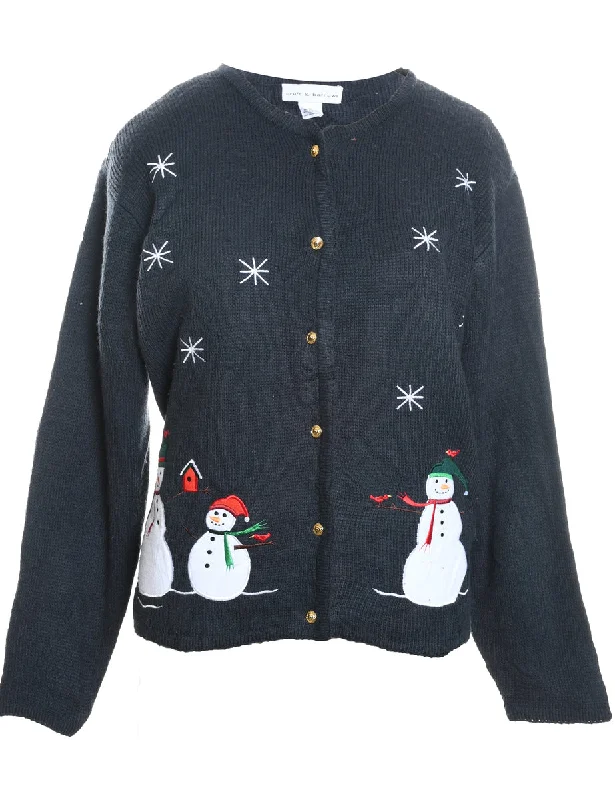 Navy Snowman Design Christmas Cardigan - M Tailored Straight A-Line