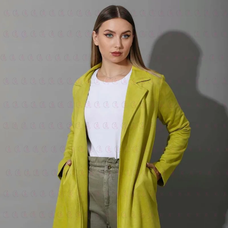 Open Front Knee Cardigan  -  Suede Lime Green Mesh Cardigan Canvas Denim