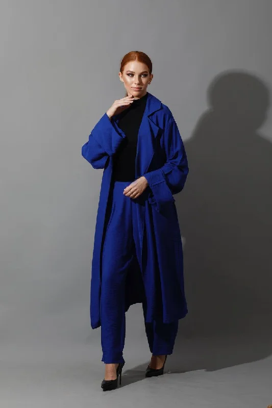 Oversized Linen Royal Blue Ensemble - Long Cardigan + Loose fit pants Fleece Cardigan Nylon Polyester