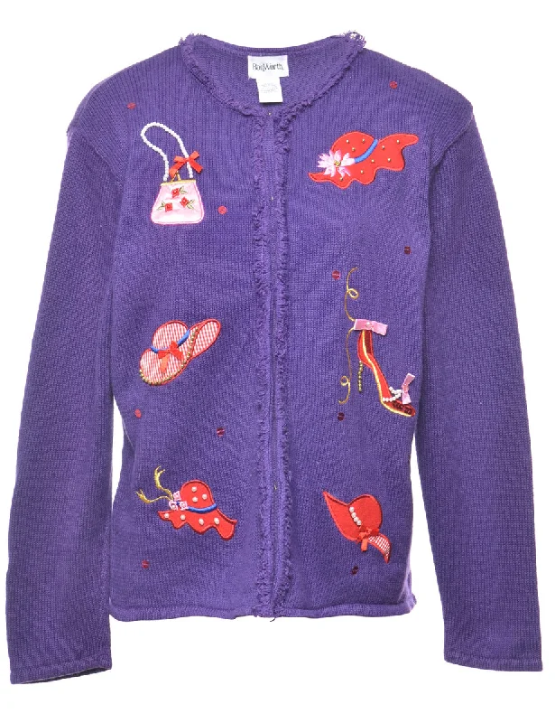 Patchwork Applique Purple Christmas Cardigan - M Patchwork Embroidered Appliqued