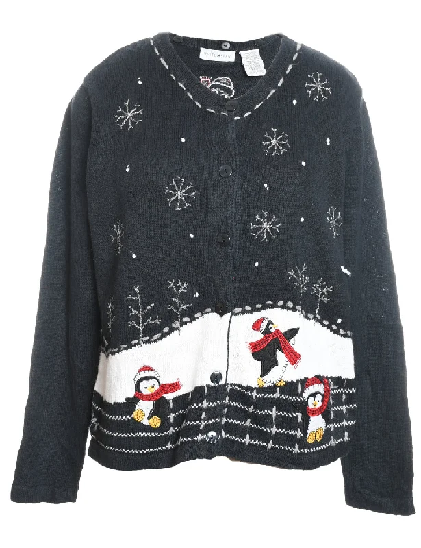 Penquin Christmas Cardigan - L Polka Dot Checkered Tartan