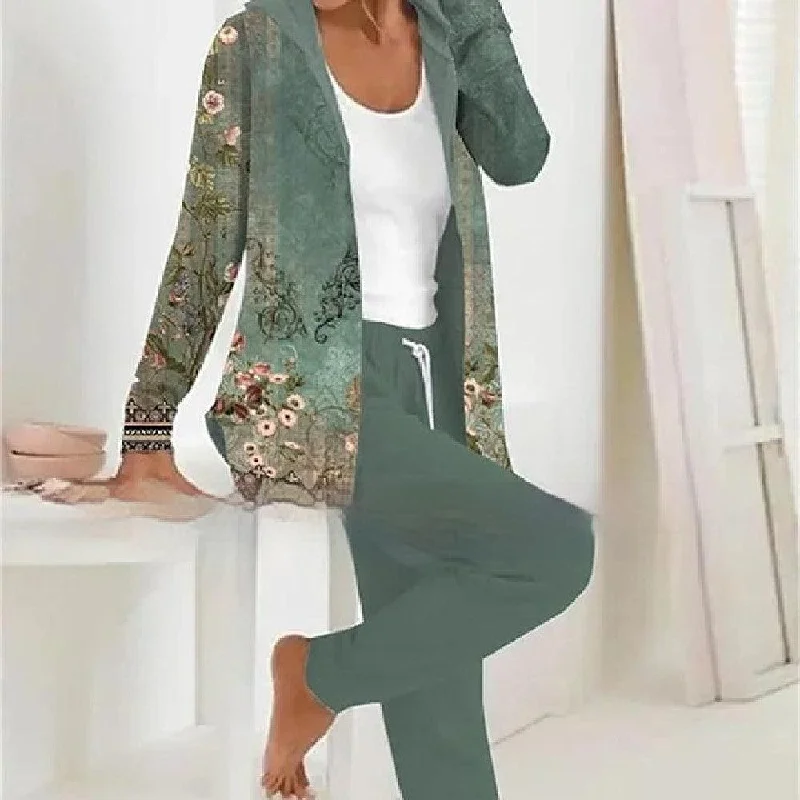 Printed Cardigan Coat Solid Color Two-piece Pants Herringbone Houndstooth Plaid