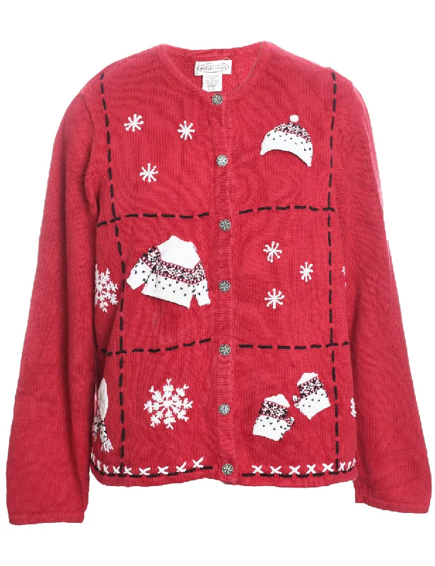 Red Embroidered Christmas Cardigan - L Seamless Knitted Crochet