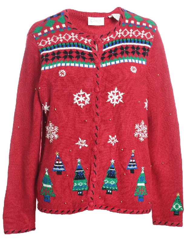 Red Embroidered Christmas Cardigan  - M Herringbone Houndstooth Plaid