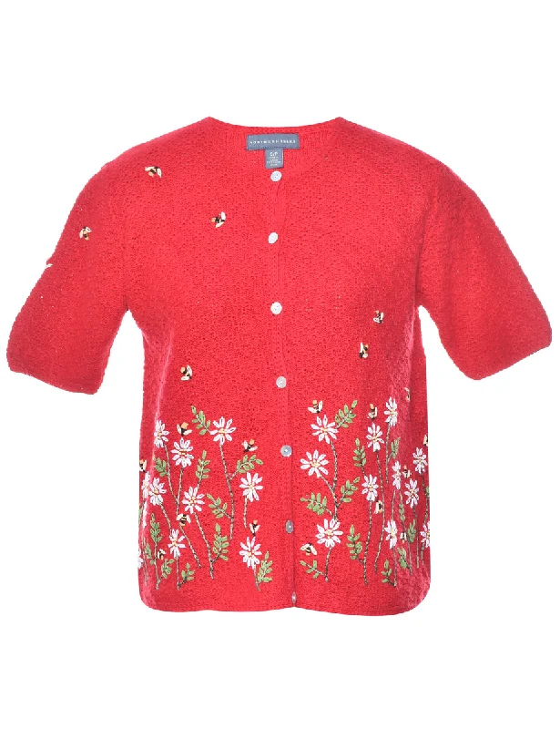 Red Floral Cardigan - S Toggled Drawstring Belted