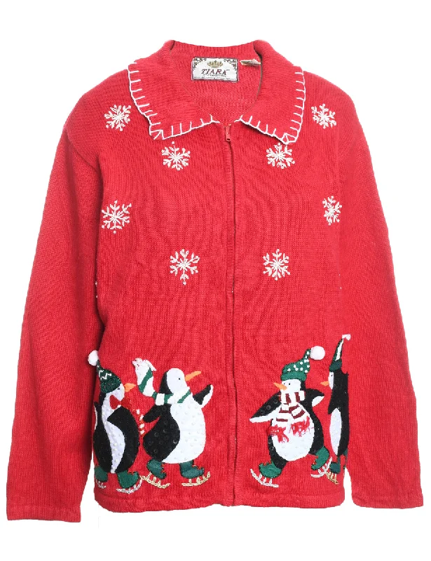 Red Penguin Design Christmas Cardigan - L Wool Cardigan Cotton Cardigan Cashmere Cardigan Red Penguin Design Christmas Cardigan - L Wool Cardigan Cotton Cardigan Cashmere Cardigan