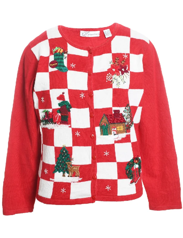 Red & White Appliqued Christmas Cardigan  - L Print Jacquard Patchwork